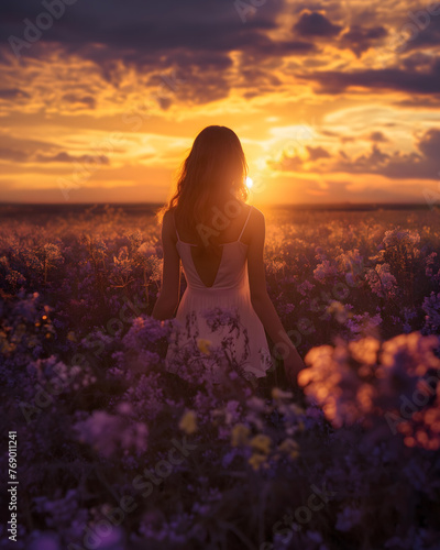 Ethereal Woman in a Wildflower Meadow at Sunset