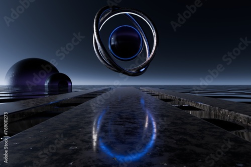 3d Render, Scifi Landscape Futuristic post apocalyptic scenario with abstract alien landscape. metal object.
