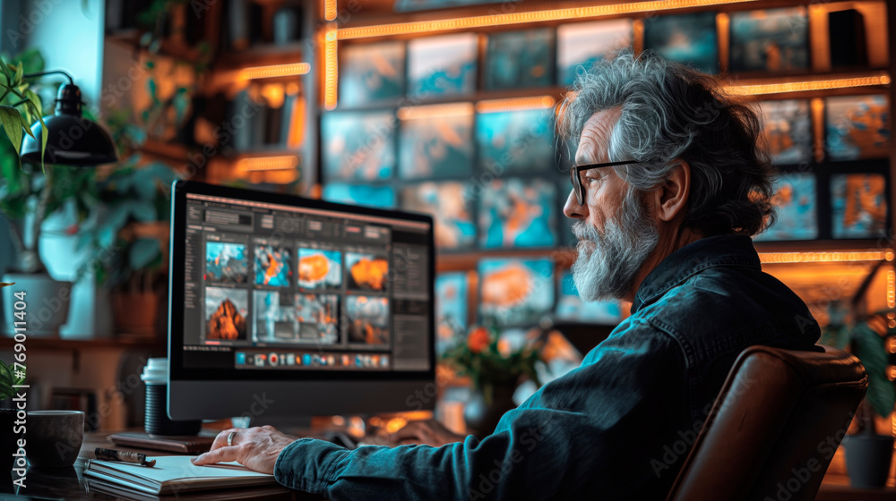 An older man with a beard and glasses focuses intently on a large computer monitor displaying an array of vibrant images, set in a well-organized creative workspace.