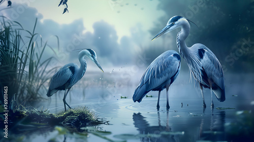 A pair of elegant herons fishing in a tranquil marsh photo