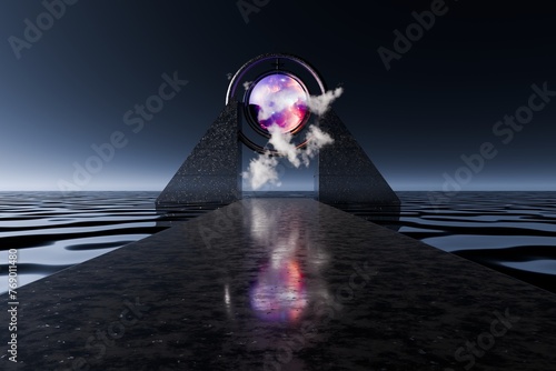 3d Render, Scifi Landscape Futuristic post apocalyptic scenario with abstract alien landscape. metal object.