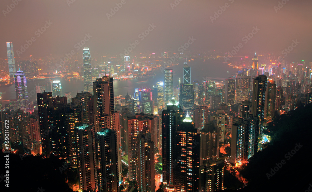 Hong Kong skyline aerial panoramic view from the Victoria Peak viewpoint in Hong Kong city