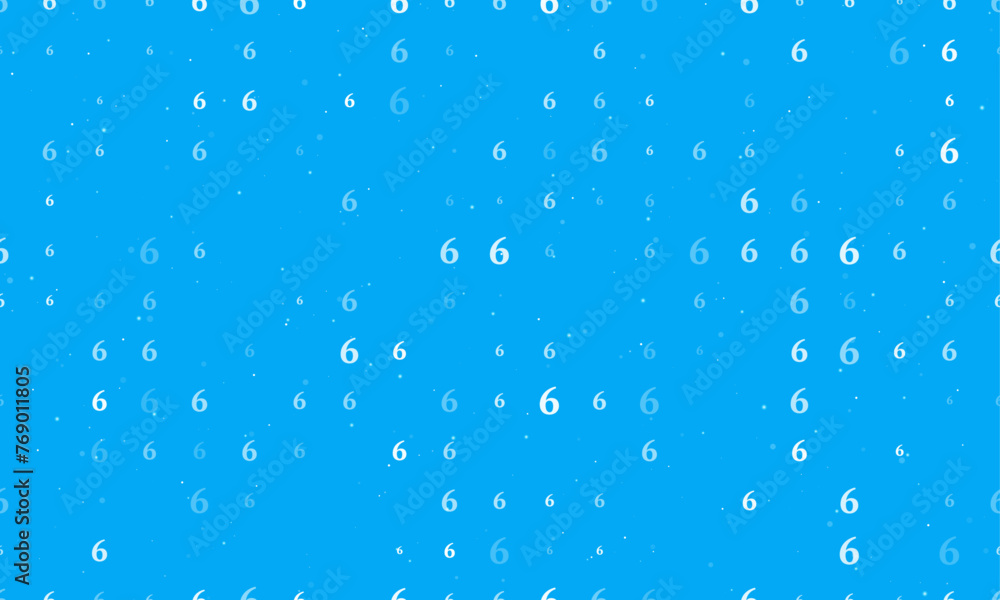 Seamless background pattern of evenly spaced white number six symbols of different sizes and opacity. Vector illustration on light blue background with stars