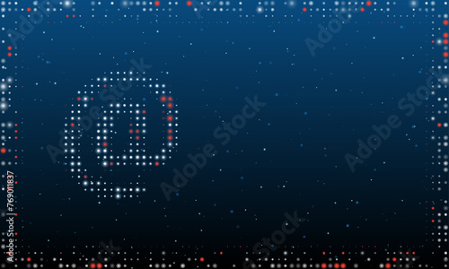 On the left is the at symbol filled with white dots. Pointillism style. Abstract futuristic frame of dots and circles. Some dots is red. Vector illustration on blue background with stars