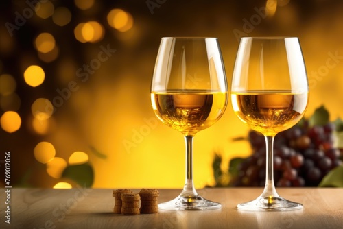Elegant glasses of white wine on a wooden table with a glowing bokeh background, creating an atmosphere of celebration. Two Glasses of White Wine with Golden Bokeh