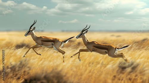 A pair of graceful gazelles leaping through the grasslands