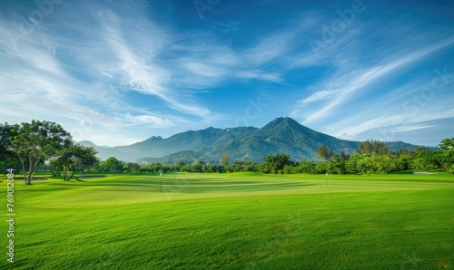 Golf course with mountain and blue sky background.