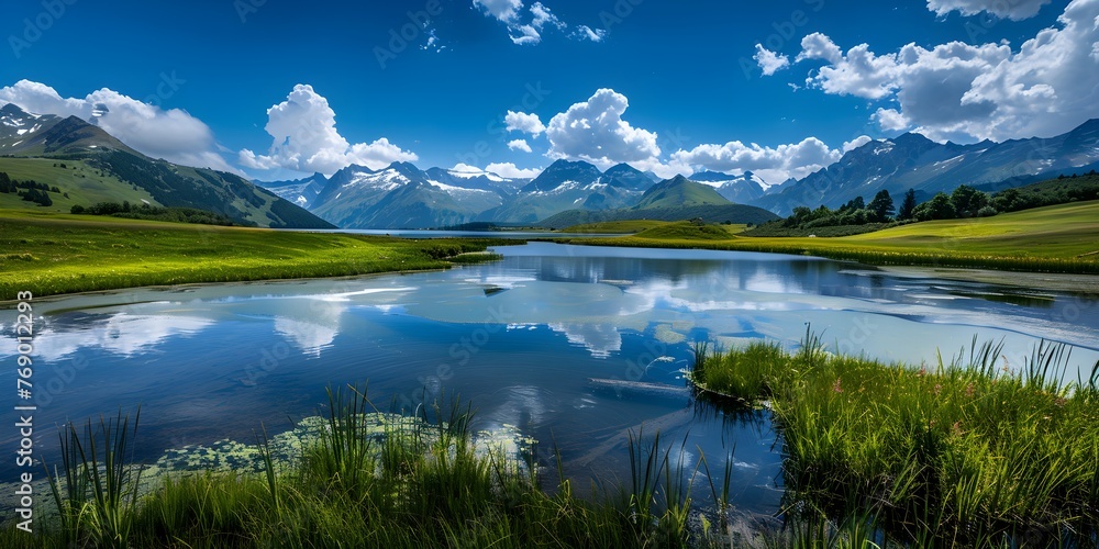 Fototapeta premium a lake in a green meadow and mountains on the horizon