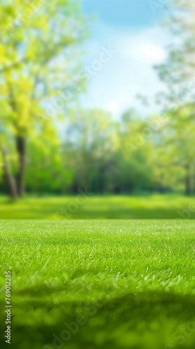 spring nature beautiful blurred background image with a neatly trimmed lawn surrounded by trees against blue sky with clouds on bright sunny day