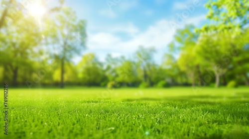 bright sunny day beautiful blurred background image of spring nature with a neatly trimmed lawn surrounded by trees against a blue sky with clouds