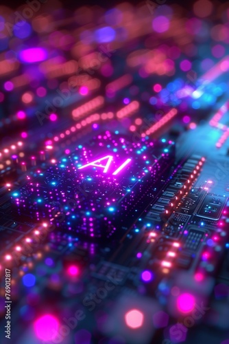 An Ai artificial intelligence microchip engineered in a super computer, surrounded by advanced technology and data connections.