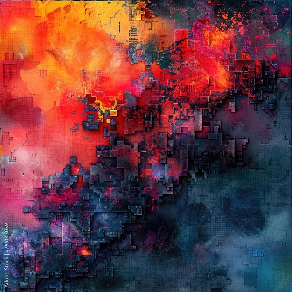 Random place, 8bit lava texture, diverse colors, pixel heat haze, overhead angle