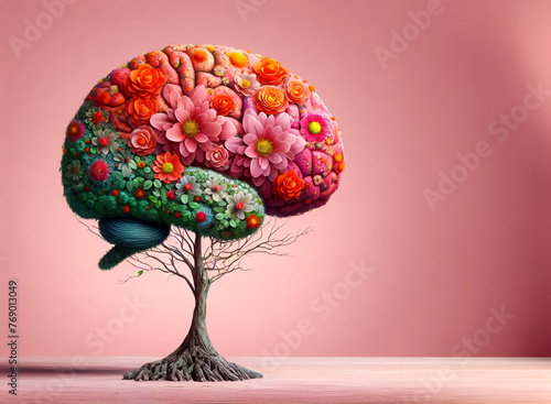 Menschliches Gehirn als Baum mit Blumen, Selbstfürsorge und psychische Gesundheit Konzept, positives Denken, kreativen Geist, copy space photo