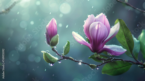 Free copy space, A pink and purple magnolia flower hangs in the air. There are two buds on the flower branch and three green leaves © Uwe
