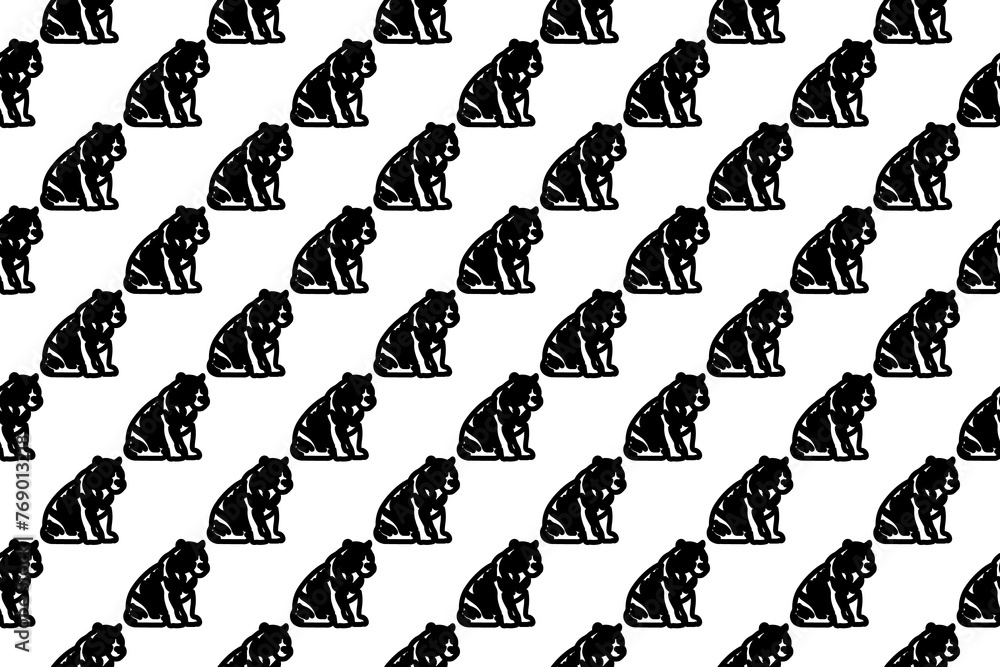 Seamless pattern completely filled with outlines of sitting tiger symbols. Elements are evenly spaced. Illustration on transparent background