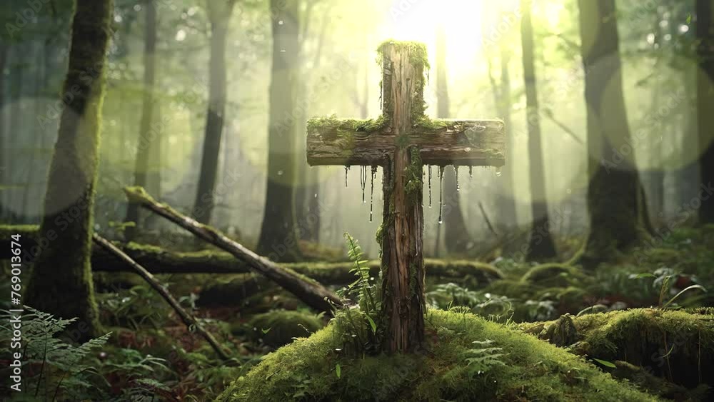 Experience the quiet dignity of a weathered grave marker adorned with a mossy cross, its presence imbuing the forest with a sense of reverence and reflection in stunning 4K looping footage. Experience the quiet dignity of a weathered grave marker adorned with a mossy cross, its presence imbuing the forest with a sense of reverence and reflection in stunning 4K looping footage.