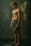 A young muscular man of athletic build with a naked torso, looking like an angel with wings