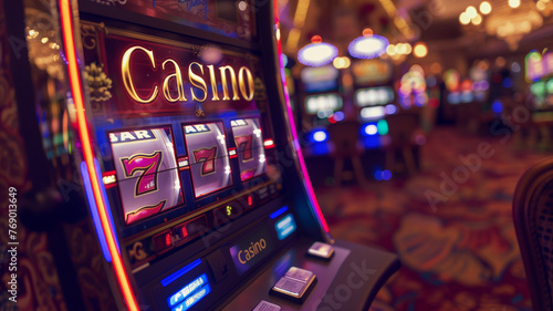 Try your luck on a classic casino slot machine with a pile of chips for a winning chance