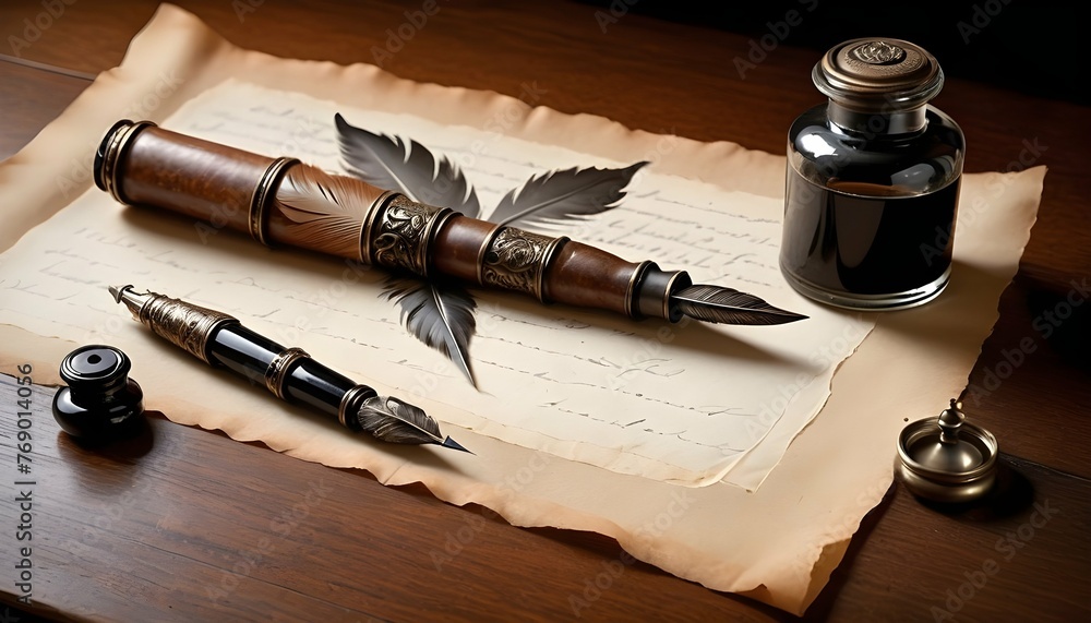 An Antique Quill Pen With An Inkwell And Parchment