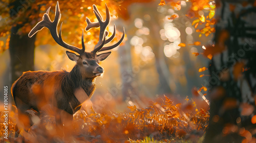 A regal red deer standing amidst autumn foliage © Muhammad