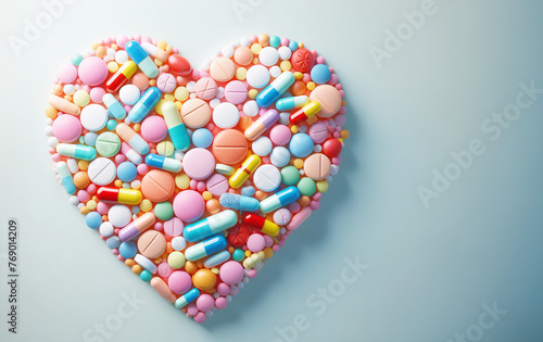 Ein Herz - gefüllt mit Medikamenten auf hellblauem Hintergrund, copy space