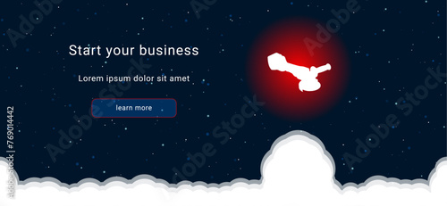 Business startup concept Landing page screen. The white cordless angle grinder symbol on the right. Vector illustration on dark blue background with stars and curly clouds from below