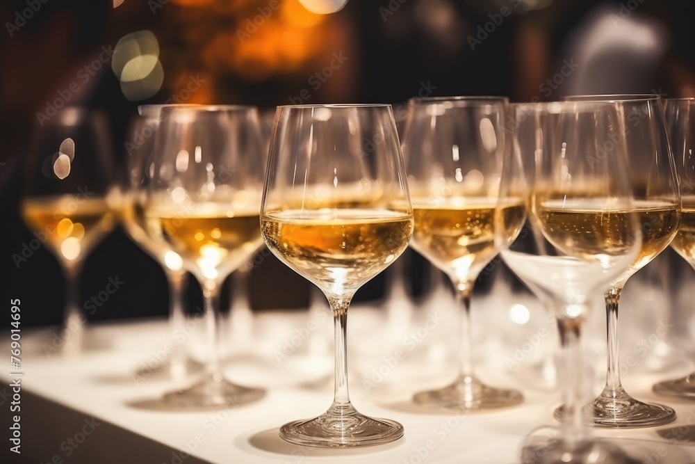 Close-up view of a series of white wine glasses filled with chilled wine, set on a table with warm, bokeh lighting in the background. Row of Chilled White Wine Glasses on Table