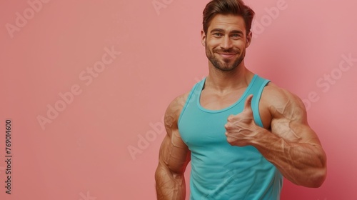 Muscular man in teal sleeveless shirt gesturing approval on soft colored backdrop with room for text