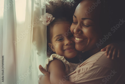 Photo of a happy smiling africanamerican woman hugging her little daughter standing near the window, soft natural light, beige colour photo