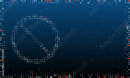 On the left is the no parking symbol filled with white dots. Pointillism style. Abstract futuristic frame of dots and circles. Some dots is red. Vector illustration on blue background with stars