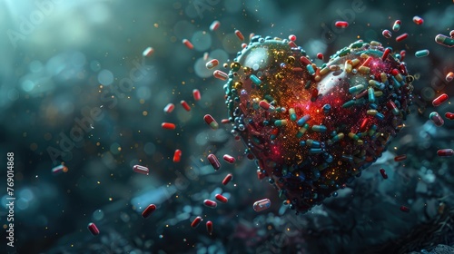 Pills and supplements orbiting around a heart, symbolizing medical 