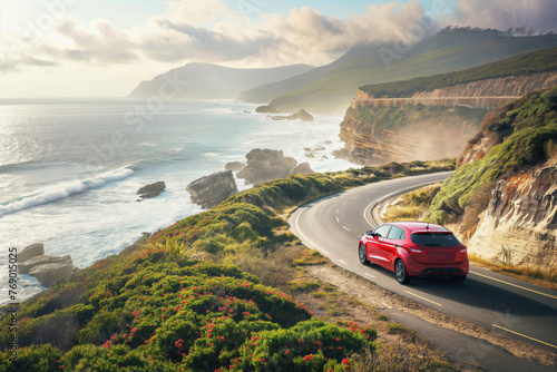 Red sedan enjoys a picturesque journey on a winding coastal road with vibrant ocean views