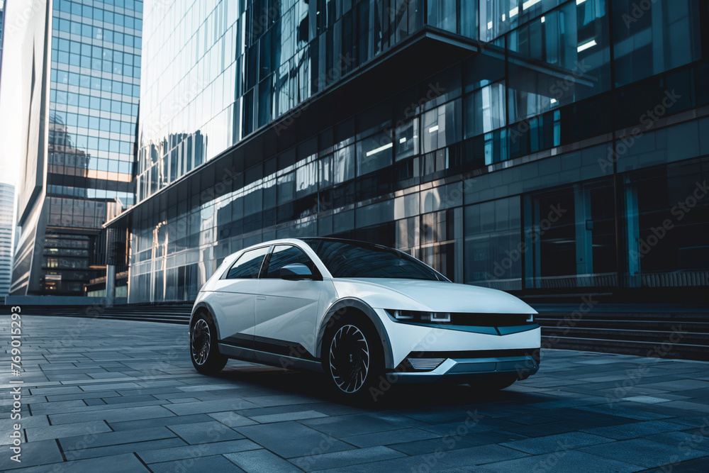 Sleek white electric vehicle parked amidst the geometric backdrop of city skyscrapers