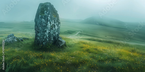 mysterious lonely megalith in a morning fog