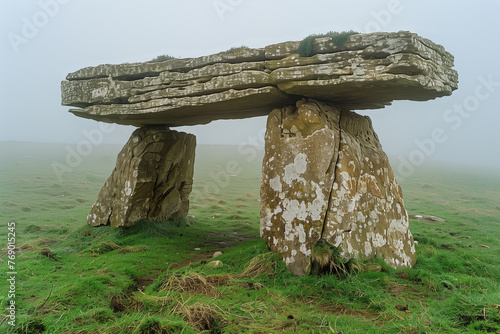ancient megalithic dolmen on a foggy morning in a meadow