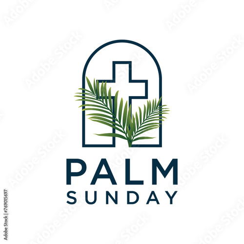 Nature Wild Palm leaf Flower with Christian Cross Crucifix for Church Community logo design
