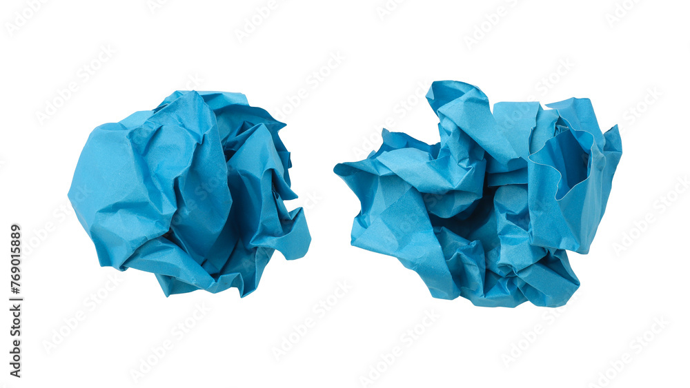 Blue crumpled paper balls isolated on transparent background