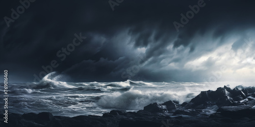 Stormy sea under dark clouds with lightning crashing waves. Generative AI.