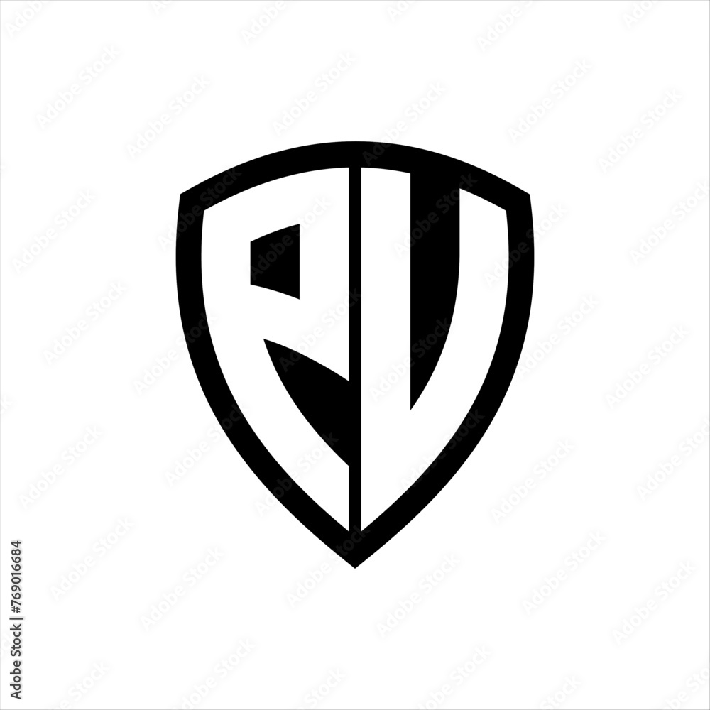 PU monogram logo with bold letters shield shape with black and white color design PU monogram logo with bold letters shield shape with black and white color design