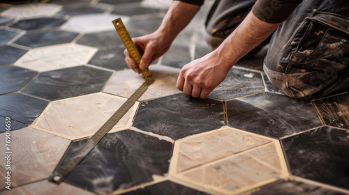 Hands are precisely measuring and laying patterned tiles on a floor. photo