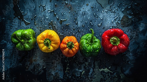 colorful bell peppers with vibrant colors and fresh water droplets on a dark background