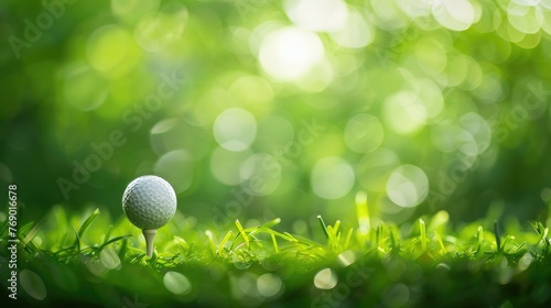 Close-up golf ball on tee with blur green bokeh background.