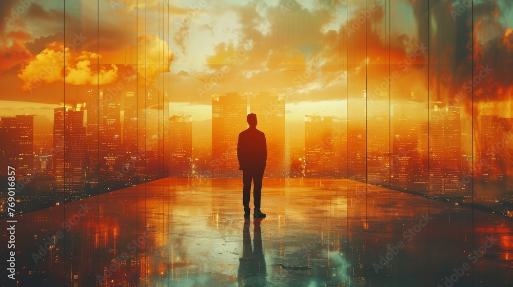 Mixed media image of a businessman against a modern city background.