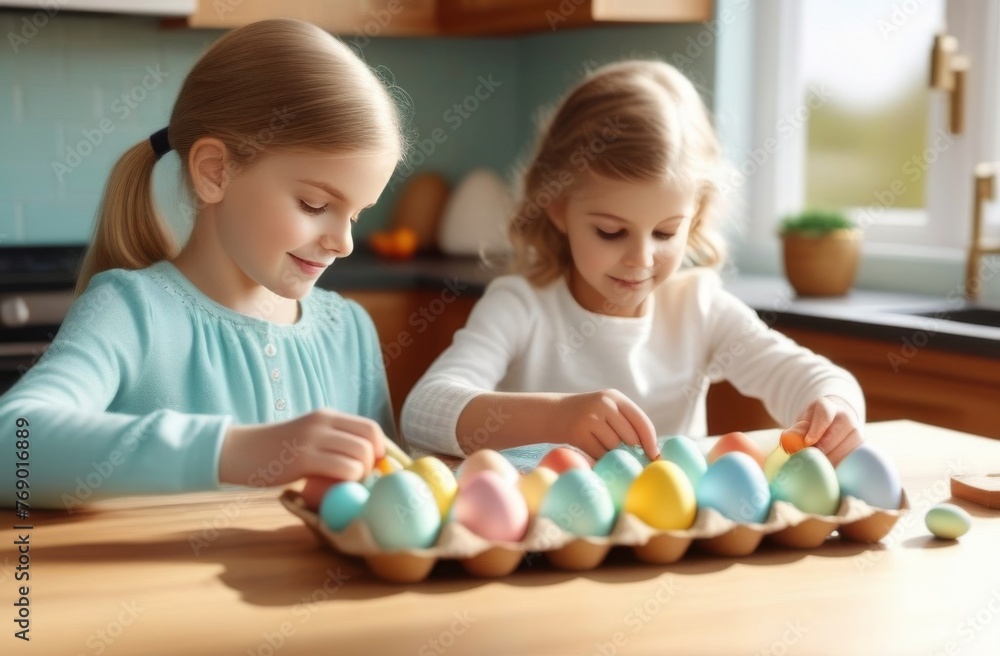 Grandmother and granddaughter decorate eggs, preparation for Easter, creativity, holiday Grandmother and granddaughter decorate eggs, preparation for Easter, creativity, holiday