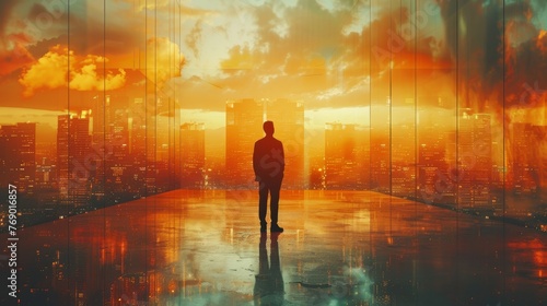 Mixed media image of a businessman against a modern city background. © DZMITRY