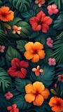 Exotic vibrant floral vine pattern, tropical leaves and flowers create bold fabric print, colorful and lively
