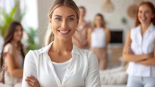 Confident professional woman smiling happily in business setting with copy space