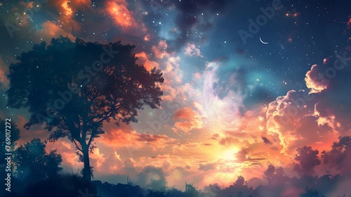 Magical Sunset Landscape with Silhouetted Tree Against a Dramatic Sky Filled with Glowing Clouds and Vibrant Colors
