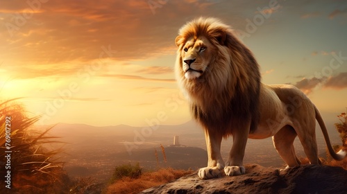Majestic Lion Atop Rocky Cliff Overlooking Dramatic Sunset Landscape © Mickey