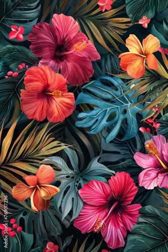 Luxurious fabric features vibrant watercolor, bold exotic floral, lush jungle leaves in seamless pattern
